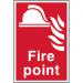 The image shows a fire point sign from Spectrum Industrial, made of a 1.2mm thick recyclable PP material. It measures 200 by 300mm and features clear, bold text on a white background. The sign is designed for promoting fire safety in industrial settings.