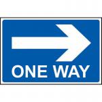 The photo shows a set of Spectrum Industrial Directional Signs, featuring a bold one way arrow pointing to the right. The signs are made of 1.2mm thick recyclable PP material and measure 600 x 450mm. The clean design and durable material make them perfect for any industrial setting.
