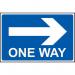 The photo shows a set of Spectrum Industrial Directional Signs, featuring a bold one way arrow pointing to the right. The signs are made of 1.2mm thick recyclable PP material and measure 600 x 450mm. The clean design and durable material make them perfect for any industrial setting.