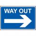In this image, there are several Spectrum Industrial directional signs. One particular sign features a large arrow pointing to the right, with the text Way out written underneath. The sign is made of 1.2mm recyclable PP material and measures 600 x 450mm. The overall design is simple and straightforward, providing clear guidance for people looking to exit a specific area.