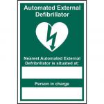 Automated External Defibrillator Nearest sign (200 x 300mm). Manufactured from strong rigid PVC and is non-adhesive; 0.8mm thick.