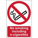 This photo shows a set of Spectrum Industrial No Smoking Signs. The signs are made from 1.2mm recyclable PP and measure 148 x 210mm. They clearly state No Smoking and also include e-cigarettes in the ban. The signs have a professional and sleek look, perfect for any workplace or public area.