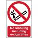 This photo shows a set of Spectrum Industrial No Smoking Signs. The signs are made from 1.2mm recyclable PP and measure 148 x 210mm. They clearly state No Smoking and also include e-cigarettes in the ban. The signs have a professional and sleek look, perfect for any workplace or public area.