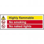 The picture shows a red and white industrial sign with bold text reading Highly Flammable No Smoking No Naked Lights. The sign is made of self-adhesive vinyl and measures 300mm x 100mm. It also features the Spectrum Industrial logo and a warning symbol. The background has a brushed metal texture.