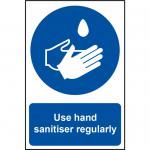 A photo of Spectrum Industrial Covid-19 & Social Distancing Signs Use hand sanitiser regularly - SAV (200 x 300mm) 14928 features a rectangular sign with bold lettering reading Use Hand Sanitiser Regularly on a blue background. The sign also includes the Spectrum Industrial logo and a small graphic of a hand sanitizer bottle. The size of the sign is 200 x 300mm.