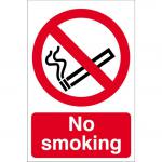 The picture shows a bright, bold Spectrum Industrial No Smoking Sign made of self-adhesive vinyl. It measures 200mm x 300mm and features the universal no smoking symbol in bold red and black lettering on a white background. The sign is perfect for clearly marking designated no smoking areas in industrial settings.