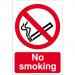 The picture shows a bright, bold Spectrum Industrial No Smoking Sign made of self-adhesive vinyl. It measures 200mm x 300mm and features the universal no smoking symbol in bold red and black lettering on a white background. The sign is perfect for clearly marking designated no smoking areas in industrial settings.