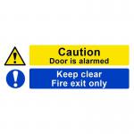 This image features a spectrum industrial fire safety sign for caution, with a clear red fire exit symbol and the words door is alarmed, keep clear in white lettering. The sign is made of self-adhesive vinyl and measures 400mm x 150mm.