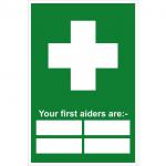 In the photograph, we see a set of Spectrum Industrial first aid signs. These self-adhesive vinyl signs measure 400mm x 600mm and feature the phrase Your First Aiders Are Sign. The signs have a clean white background with bold red text and a recognizable first aid symbol. The signage is professional and easy to read, making it a clear and informative addition to any workplace.