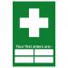 In the photograph, we see a set of Spectrum Industrial first aid signs. These self-adhesive vinyl signs measure 400mm x 600mm and feature the phrase Your First Aiders Are Sign. The signs have a clean white background with bold red text and a recognizable first aid symbol. The signage is professional and easy to read, making it a clear and informative addition to any workplace.