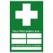In the picture, there are several industrial first aid signs with bold lettering and clear graphics. They are made of 1.2mm recyclable PP material and measure 400 x 600mm. The signs display the words First Aiders and Your First Aiders along with the standard first aid symbol. These signs are essential for workplace safety and easily visible from a distance.