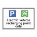 The picture shows a spectrum of bright colors on a sign that reads Industrial Road and Traffic Signs. In the center is a symbol for an electric vehicle recharging point. The sign is made of 1.2mm recyclable PP, measuring 300 x 200mm. The product code is 14979.