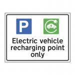 The photo shows a Spectrum Industrial Road and Traffic Signs Electric Vehicle Recharging Point Only Sign made of Aluminium Composite Panel and measuring 400mm x 300mm. It is mounted vertically with a channel design and is numbered 14982.