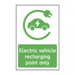 The image shows a vibrant Spectrum Industrial Road with a row of traffic signs indicating that only electric vehicles may use the recharging point. The signs are made of recyclable PP, measuring 200 x 300mm, and are 1.2mm thick.