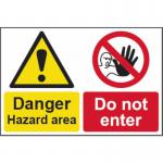 The image features a bright yellow spectrum industrial danger sign with bold black lettering reading Danger Hazard Area - Do Not Enter. The sign is made of 1.2mm recyclable polypropylene material and measures 450 x 300mm. Perfect for warning individuals of potential hazards in industrial settings.