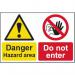 The image features a bright yellow spectrum industrial danger sign with bold black lettering reading Danger Hazard Area - Do Not Enter. The sign is made of 1.2mm recyclable polypropylene material and measures 450 x 300mm. Perfect for warning individuals of potential hazards in industrial settings.