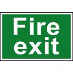 This photograph showcases a Spectrum Industrial Fire Safety Sign, featuring bold Fire exit text on a 1.2mm Recyclable PP material. The sign measures 300 x 200mm and is numbered 1502.