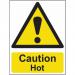 This picture shows Spectrum Industrial caution signs cautioning about hot surfaces. The signs are made of 1.2mm recyclable PP material and measure 300 x 400mm. The caution sign is labeled with the number 15029.