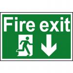 The photograph captures a Spectrum Industrial Fire Safety Sign depicting a running man arrow pointing down towards a fire exit. Made of 1.2mm recyclable PP, the sign measures 300 x 200mm. It serves as a clear and crucial safety measure in case of emergencies.