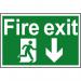 The photograph captures a Spectrum Industrial Fire Safety Sign depicting a running man arrow pointing down towards a fire exit. Made of 1.2mm recyclable PP, the sign measures 300 x 200mm. It serves as a clear and crucial safety measure in case of emergencies.
