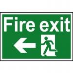 The image features a bright red Fire Safety Sign from Spectrum Industrial. It displays a running man with an arrow pointing left, indicating the direction of the exit. Made from 1.2mm recyclable PP material, the sign measures 300 x 200mm.