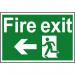 The image features a bright red Fire Safety Sign from Spectrum Industrial. It displays a running man with an arrow pointing left, indicating the direction of the exit. Made from 1.2mm recyclable PP material, the sign measures 300 x 200mm.