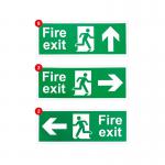 The photograph shows a pack of Spectrum Industrial Fire Safety Signs, specifically Fire Exit Signage. These signs are made of self-adhesive vinyl and come in a small size. They are designed to clearly mark fire exits in industrial settings.