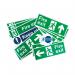The picture shows a pack of Spectrum Industrial Fire Safety Signs, featuring a Fire Exit Signage. The signs are made of Non-Adhesive 1mm Rigid PVC Board and are small in size, measuring 15070. The signs display clear and bold graphics, with the familiar green and white colors. The pack includes various signs, all designed to ensure proper fire safety measures in industrial settings.