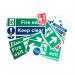 The image features a collection of vibrant spectrum-colored fire safety signs, made of durable self-adhesive vinyl material. The signs are of medium size and display various safety instructions and warnings, providing crucial guidance in industrial settings.