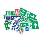 This photo features a pack of Spectrum Industrial fire safety signs, made of non-adhesive 1mm rigid PVC board. The signs are medium-sized and include a variety of important fire safety symbols and warnings.