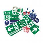 This photo showcases Spectrum Industrial Fire Safety Signs fire safety signage pack. It features photoluminescent graphics on a 1mm rigid PVC board, providing clear and visible instructions in case of a fire. The non-adhesive surface makes it easy to mount in various locations.