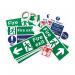 This photo showcases Spectrum Industrial Fire Safety Signs fire safety signage pack. It features photoluminescent graphics on a 1mm rigid PVC board, providing clear and visible instructions in case of a fire. The non-adhesive surface makes it easy to mount in various locations.