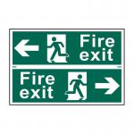 The image shows a bright red fire exit sign with a man running towards the left and right arrows. The sign is made of 1.2mm recyclable PP material and measures 300 x 200mm. The man is depicted in a bold black outline and the arrows are in white, providing a clear contrast against the red background. The sign is designed for industrial fire safety purposes.