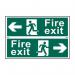 The image shows a bright red fire exit sign with a man running towards the left and right arrows. The sign is made of 1.2mm recyclable PP material and measures 300 x 200mm. The man is depicted in a bold black outline and the arrows are in white, providing a clear contrast against the red background. The sign is designed for industrial fire safety purposes.
