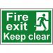 The photo features a Spectrum Industrial Fire Safety Sign with the words Fire Exit Keep Clear boldly displayed in black and red lettering. Made of 1.2mm recyclable PP material, the sign measures 300 x 200mm. Bright and highly visible, it provides clear direction for safe evacuation during a fire emergency.