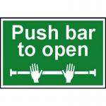 The photograph captures a bright and eye-catching Spectrum Industrial Fire Safety Sign, measuring 300 x 200mm. Made from 1.2mm recyclable PP, it features a clear push bar design and boldly displays the message Push bar to open. Perfect for any industrial setting.