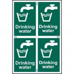 The photo features a set of Spectrum Industrial Food Prep Signs made from 1.2mm recyclable PP material. Each sign is sized at 200 x 300mm and displays clear labeling for drinking water. The signs have a sleek, professional appearance and are ideal for use in commercial food preparation areas.
