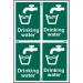 The photo features a set of Spectrum Industrial Food Prep Signs made from 1.2mm recyclable PP material. Each sign is sized at 200 x 300mm and displays clear labeling for drinking water. The signs have a sleek, professional appearance and are ideal for use in commercial food preparation areas.