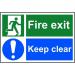 Self adhesive semi-rigid PVC Fire Exit Keep Clear safety instruction sign (300x200mm). Easy to fix; peel off backing and apply to a clean dry surface. 1540