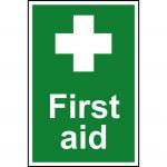 This picture shows a Spectrum Industrial First Aid sign made of 1.2mm recyclable PP material. The rectangular sign measures 200 x 300mm and features the words First aid in bold lettering. The sign is meant for industrial use and has a white background with a red cross in the center.