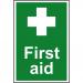 This picture shows a Spectrum Industrial First Aid sign made of 1.2mm recyclable PP material. The rectangular sign measures 200 x 300mm and features the words First aid in bold lettering. The sign is meant for industrial use and has a white background with a red cross in the center.