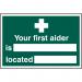 A high-quality 300 x 200mm first aid sign made of 1.2mm recyclable PP material featuring the Spectrum Industrial logo. The sign clearly indicates the location of your first aider, ensuring the safety of all employees.