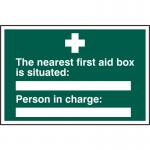 In this photo, you can see a Spectrum Industrial First Aid Sign with the text The nearest first aid box is situated printed on it. The size of the sign is 300 x 200mm and it is made of 1.2mm recyclable PP material. The sign also includes a spot for writing in the name of the person in charge.