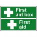 The photograph shows a set of industrial first aid signs featuring a first aid box on a 1.2mm recyclable PP material, measuring 300 x 200mm. The signs are labeled with clear and bold lettering, ideal for any workplace or public setting.