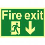 In this picture, a Spectrum Industrial Fire Safety Signs fire exit running man arrow down sign is featured. It is made of 1.3mm rigid self adhesive photoluminescent material and measures 300mm x 200mm. The design shows a figure running down with an arrow pointing downwards, indicating the location of an emergency exit. The sign is highly visible and easily identifiable in the event of a fire or emergency.