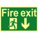 In this picture, a Spectrum Industrial Fire Safety Signs fire exit running man arrow down sign is featured. It is made of 1.3mm rigid self adhesive photoluminescent material and measures 300mm x 200mm. The design shows a figure running down with an arrow pointing downwards, indicating the location of an emergency exit. The sign is highly visible and easily identifiable in the event of a fire or emergency.