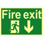 Fire Exit Sign with running man and arrow down (300 x 200mm). Made from 1.3mm rigid photoluminescent board (PHO) and is self adhesive.