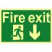 Fire Exit Sign with running man and arrow down (300 x 200mm). Made from 1.3mm rigid photoluminescent board (PHO) and is self adhesive. 1580