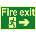 The image shows a red and white industrial fire safety sign with a running man and an arrow pointing right. The sign is made of 1.3mm rigid self adhesive photoluminescent material and measures 300mm x 200mm. It is designed to help people locate the fire exit in case of emergency.