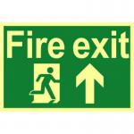 An industrial fire safety sign with a running man symbol and an arrow pointing up, measuring 300mm x 200mm. Made of 1.3mm rigid self adhesive photoluminescent material, this sign is highly visible and ideal for directing people to the nearest fire exit.